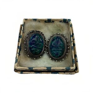 Antique Malachite Azurite Sterling Silver Oval Clip On Earrings scarab beetle ?